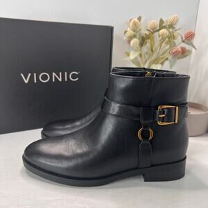 Vionic Sibley Leather Comfort Block Heel Ankle Boot Black Women's 8 NWB
